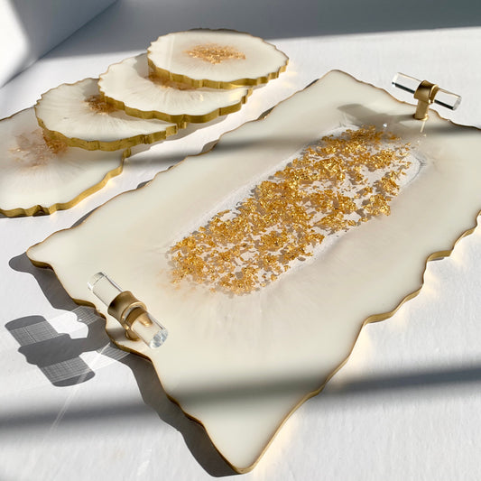 Golden Flakes Elegance Tray - Serving | Handmade India set featuring a resin tray with gold flakes and matching coasters. Ideal for luxury home decor.