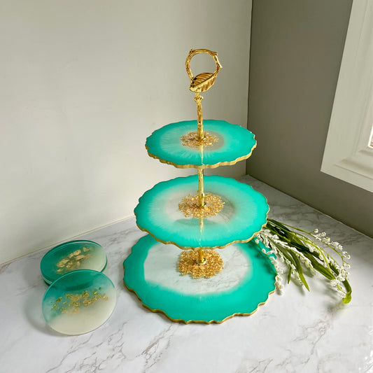 Sea Green 3 Tier Serving Stand | Handmade Elegance featuring gold accents and real pressed flowers, ideal for desserts or jewelry display.