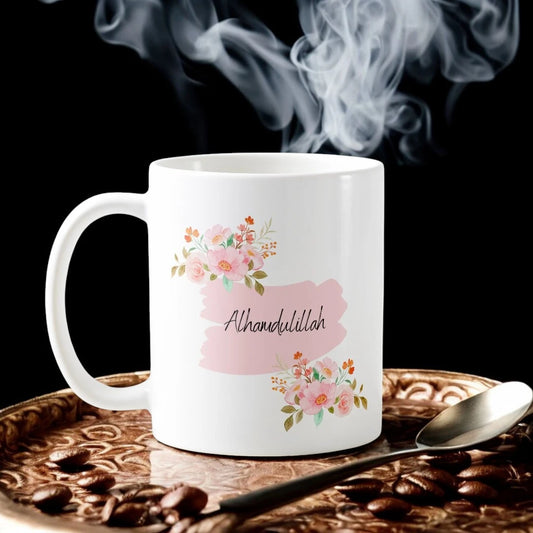Alhamdulillah Floral Mug - Beautiful Design Ceramic with pink floral artwork and elegant script, ideal for gifting and daily use.