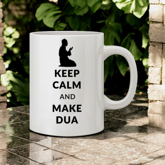 Keep Calm Mug - Dua Mug in white ceramic with 'Keep Calm and Make Dua' text and praying silhouette, 350ml, ideal for daily reflection.