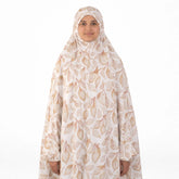 Prayer Dress 11 in chiffon with beige leaf print, offering modest coverage and smooth fabric for elegant prayer wear.