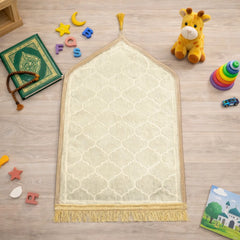White Kids Dome Janamaz - Kids Dome Prayer Rug placed in a playful setting with toys and books, perfect for encouraging prayer in young children.