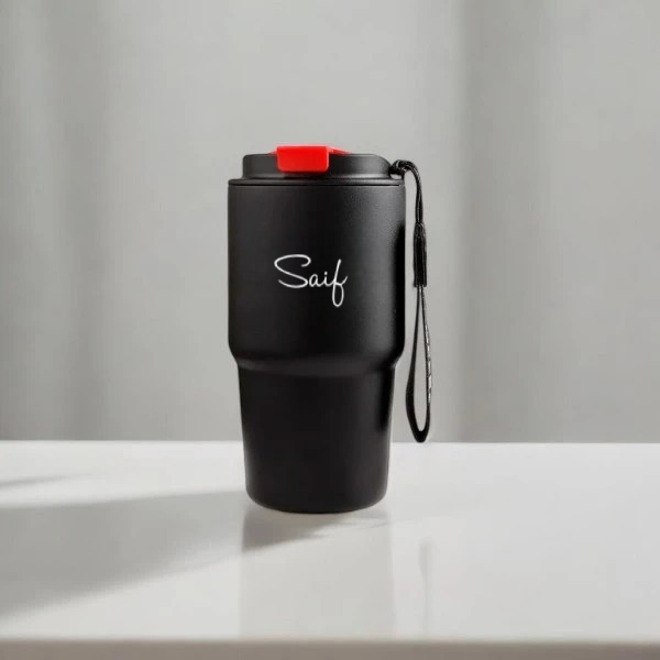 Personalized black travel mug with red lid, perfect gift in Mumbai & more