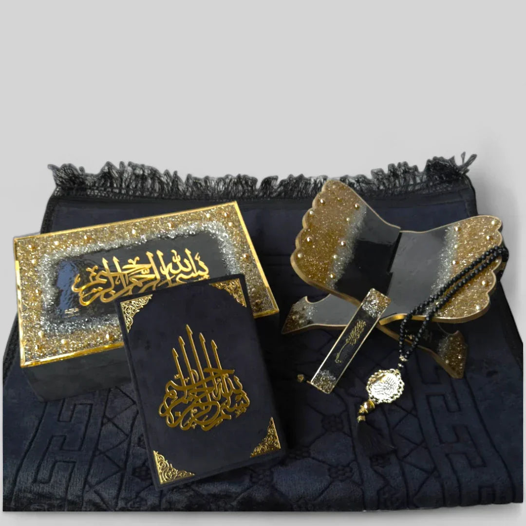 Elegant Ramadan gift set for men with Quran, prayer rug, tasbih & stand