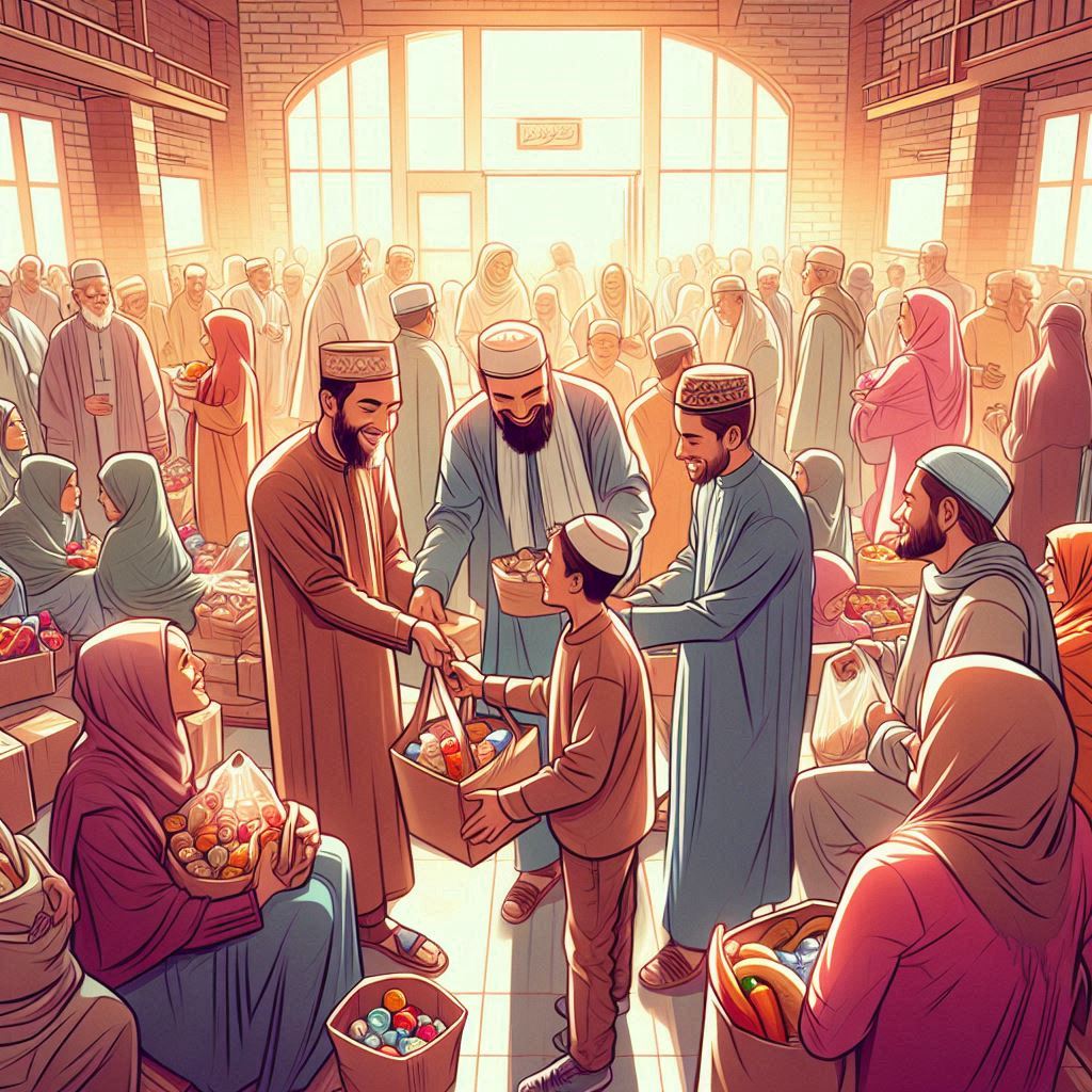Muslims joyfully giving food baskets in a mosque, embracing Islamic generosity.