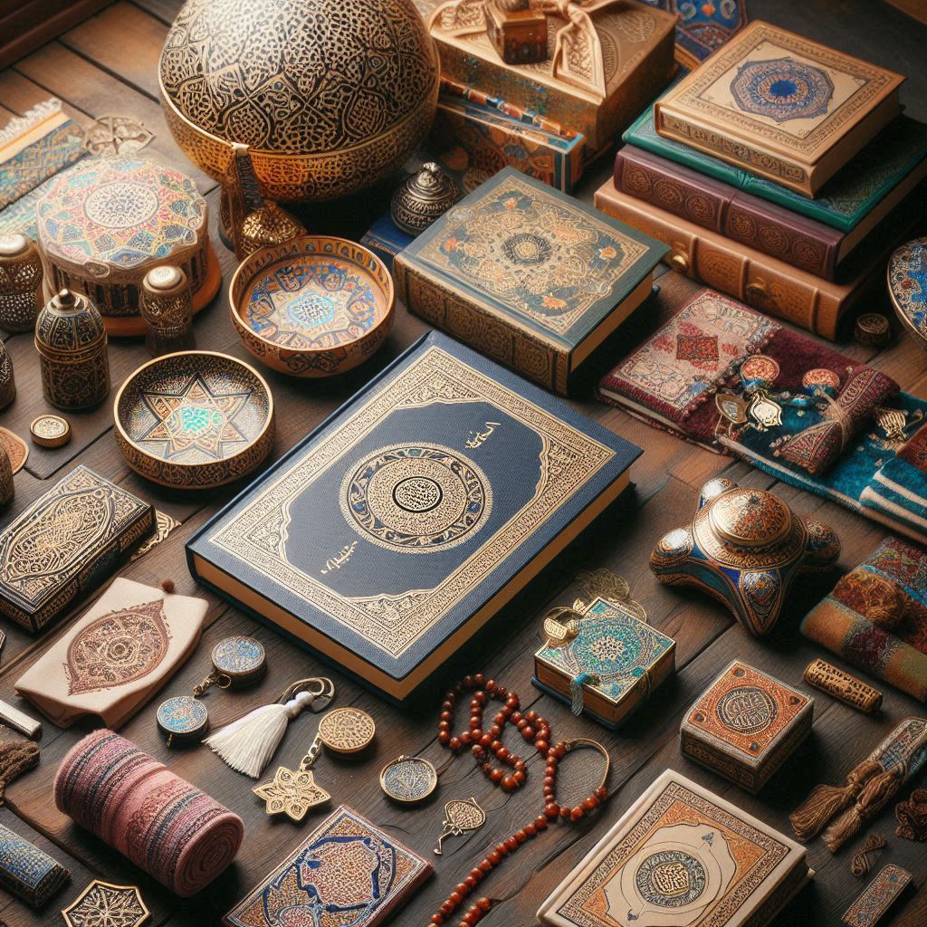 Elegant Islamic gift items including Qurans, prayer beads, and decor.
