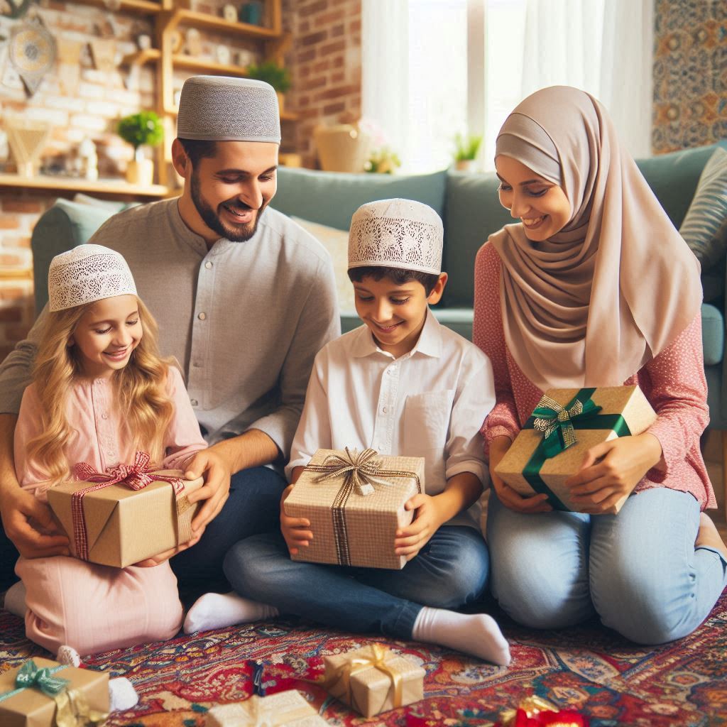 Muslim family joyfully exchanging gifts in a festive setting.