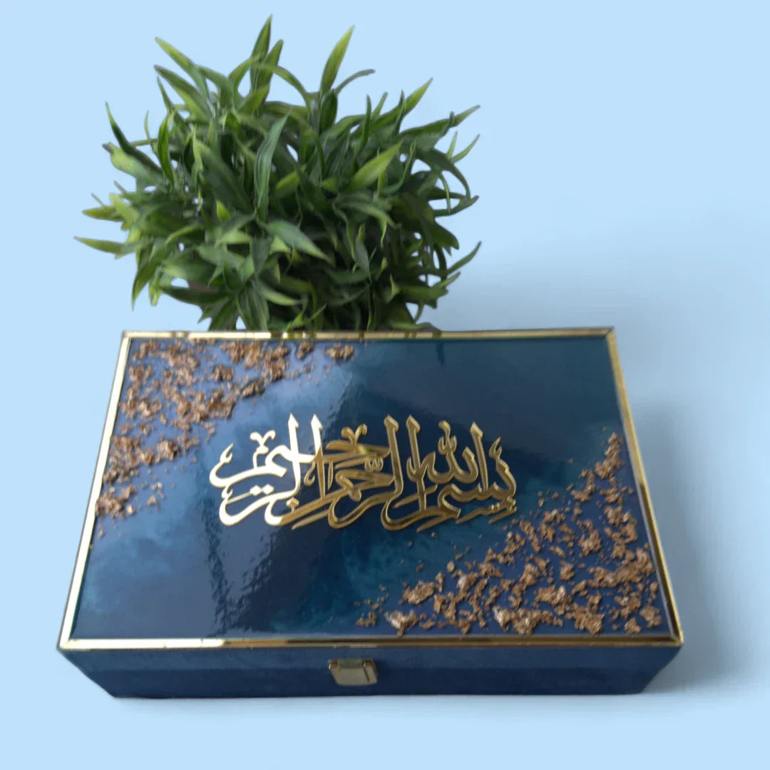 Elegant Ramadan gift box with Arabic calligraphy and gold accents