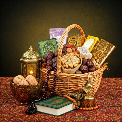 Elegant Ramadan gift basket with dates, sweets, Quran, and lantern.