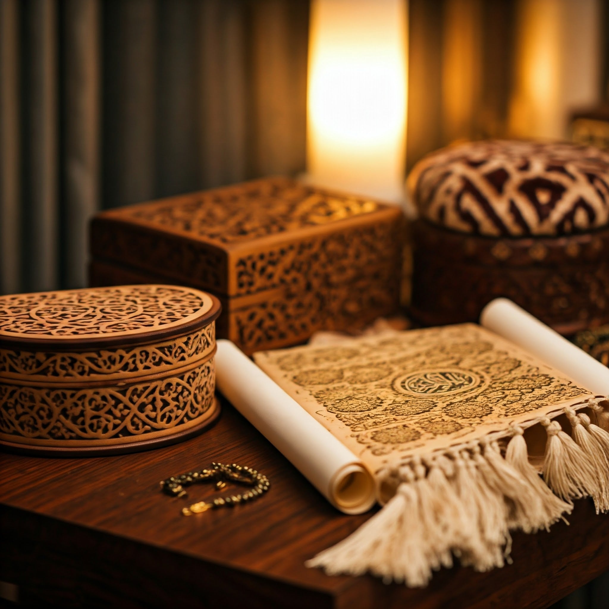 Elegant Ramadan gift boxes and Islamic decor with prayer beads.