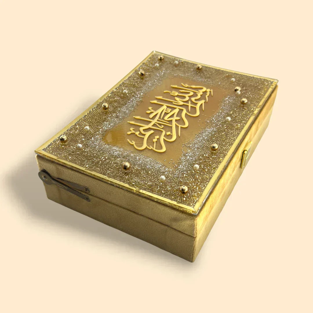 Luxurious Middle Eastern designer gift box with golden Arabic calligraphy