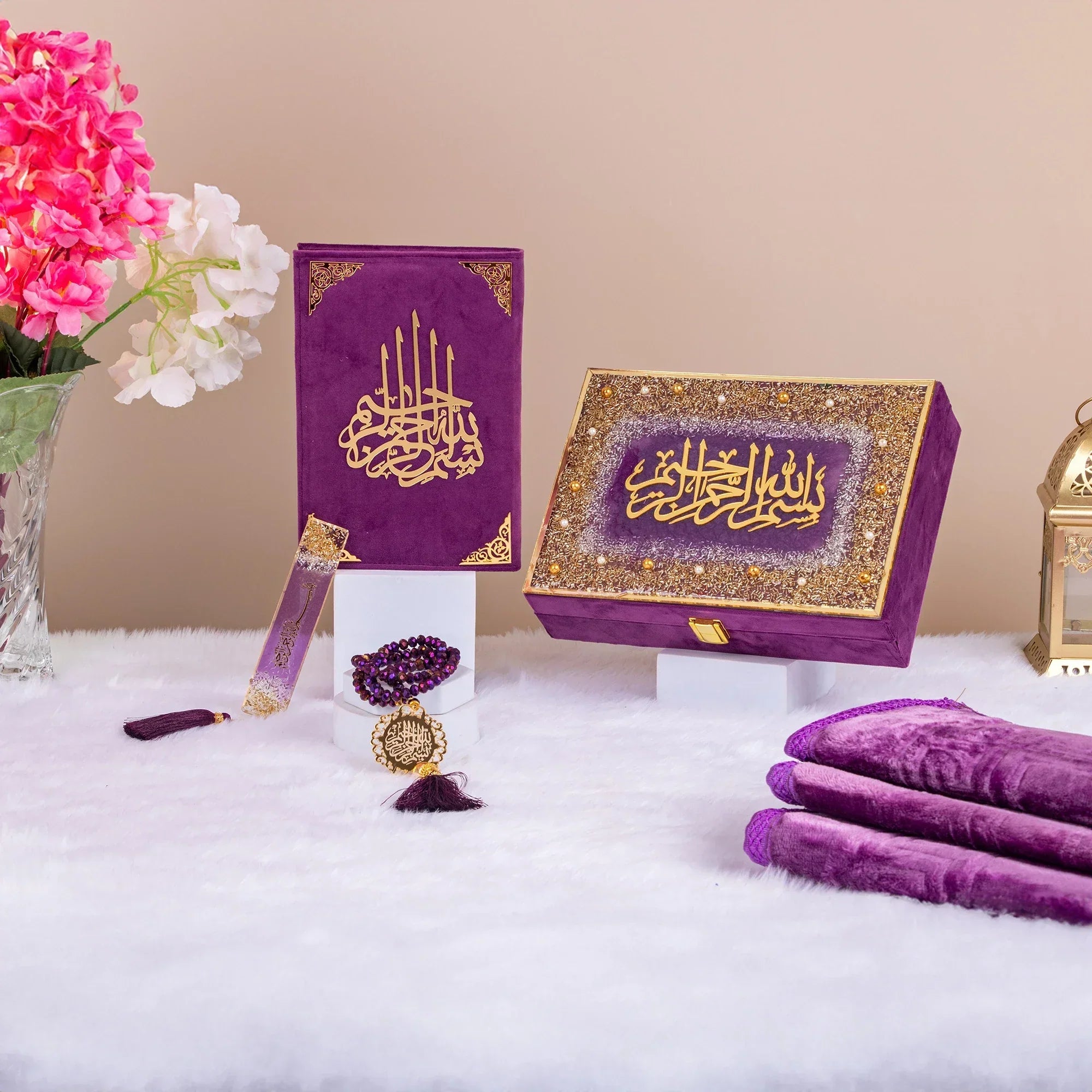 Luxurious purple Ramadan gift set with custom Islamic branding.