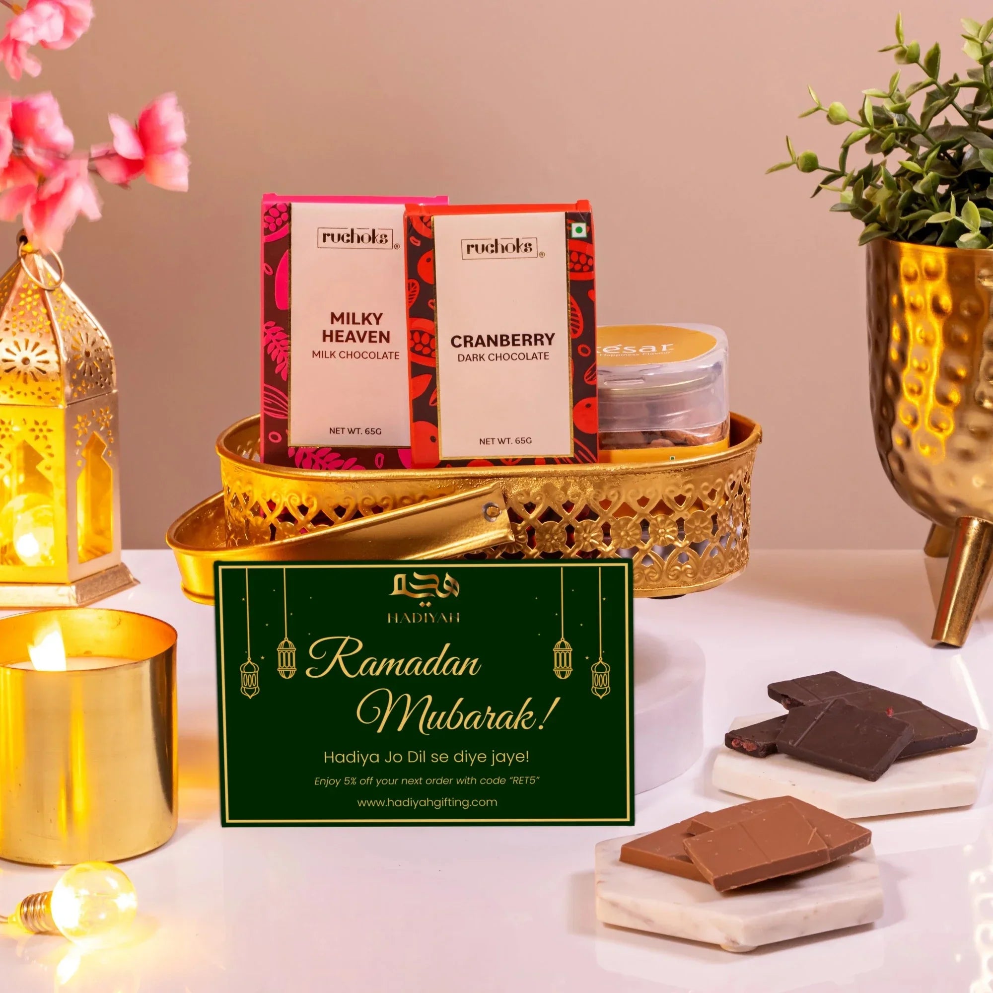 Elegant Ramadan gift hamper with chocolates and festive decor for coworkers