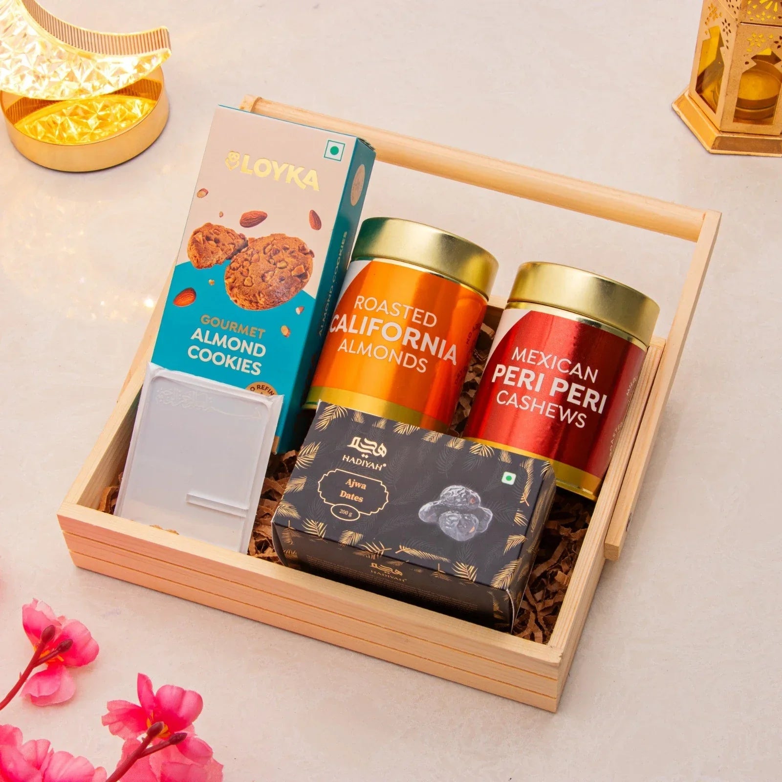 Elegant Ramadan gift basket with cookies, nuts, and dates.