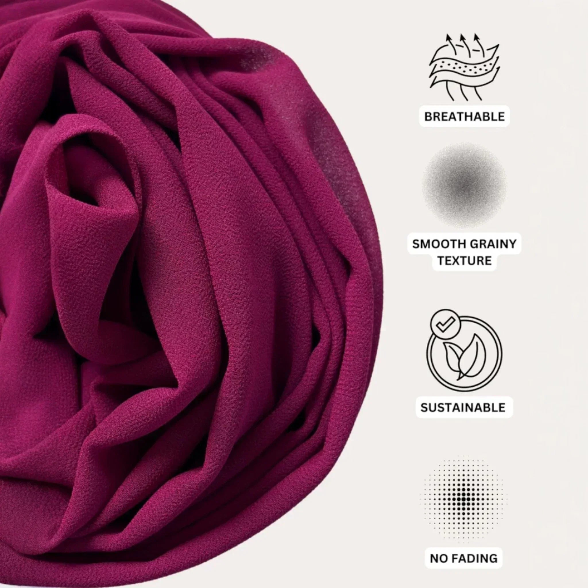 Breathable magenta fabric with smooth texture, sustainable and no fading.