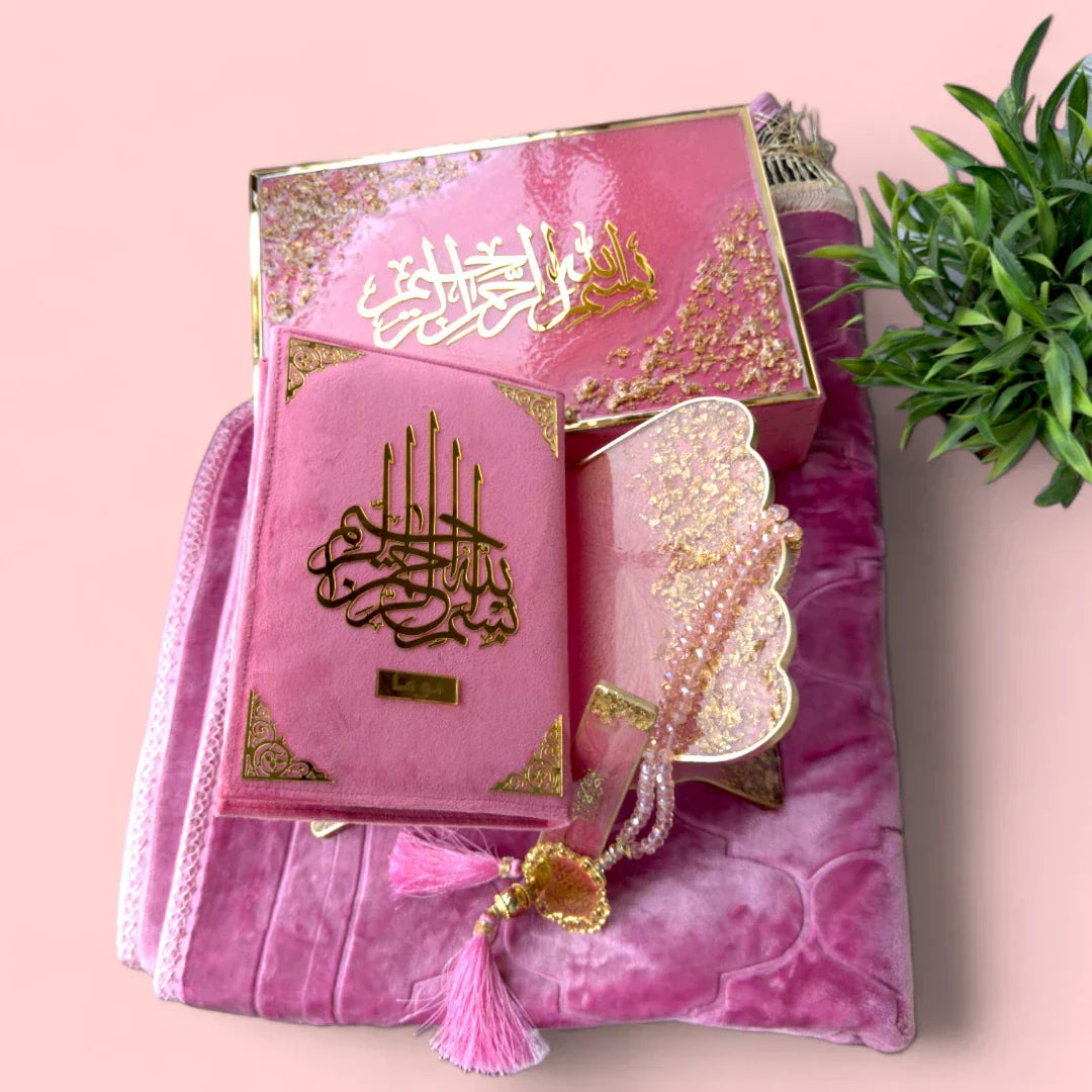 Elegant pink Quran gift set with prayer rug and tasbih for Ramadan 2026