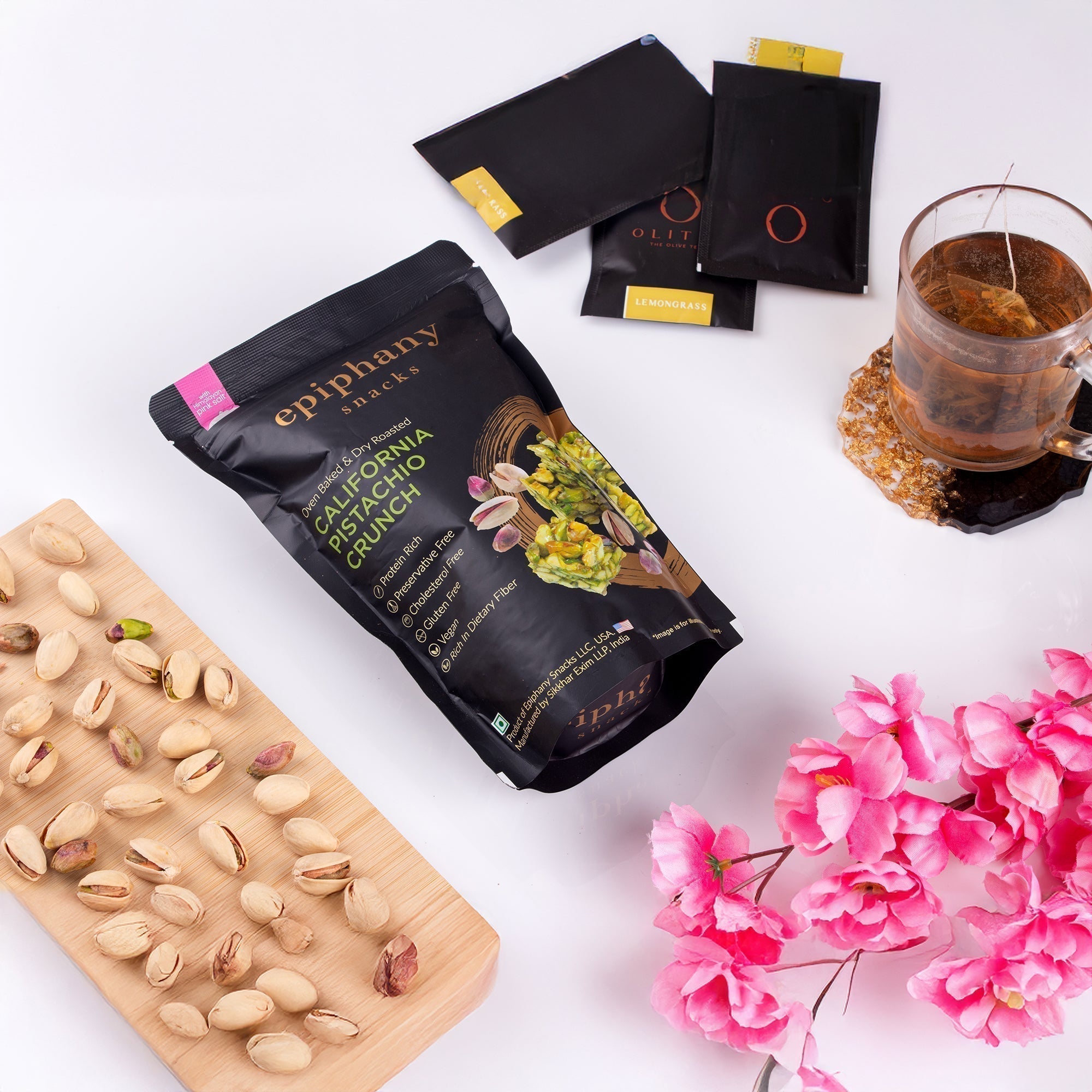Premium Kahwa tea with pistachio crunch and floral accents