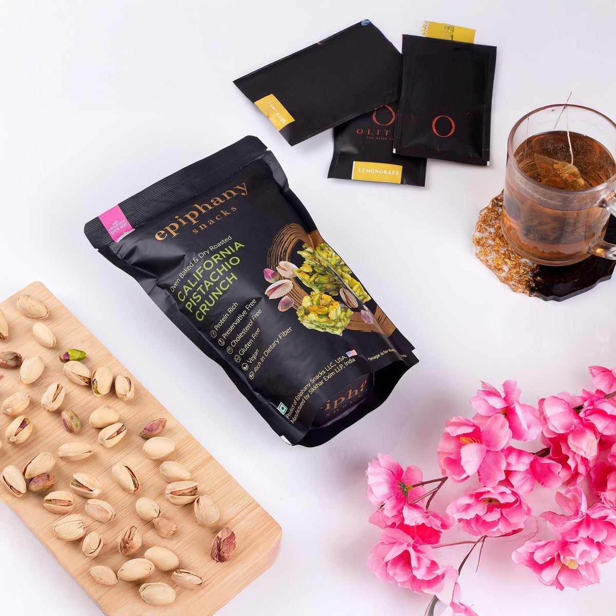 Premium Kahwa tea with pistachio crunch and floral accents