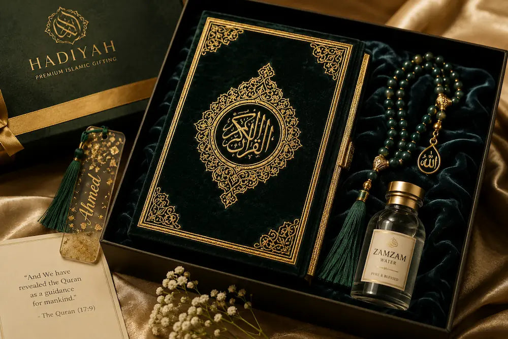 Hadiyah Gifting premium Islamic gift set featuring a velvet embroidered Quran box, Zamzam bottle, and Tasbih on green velvet.