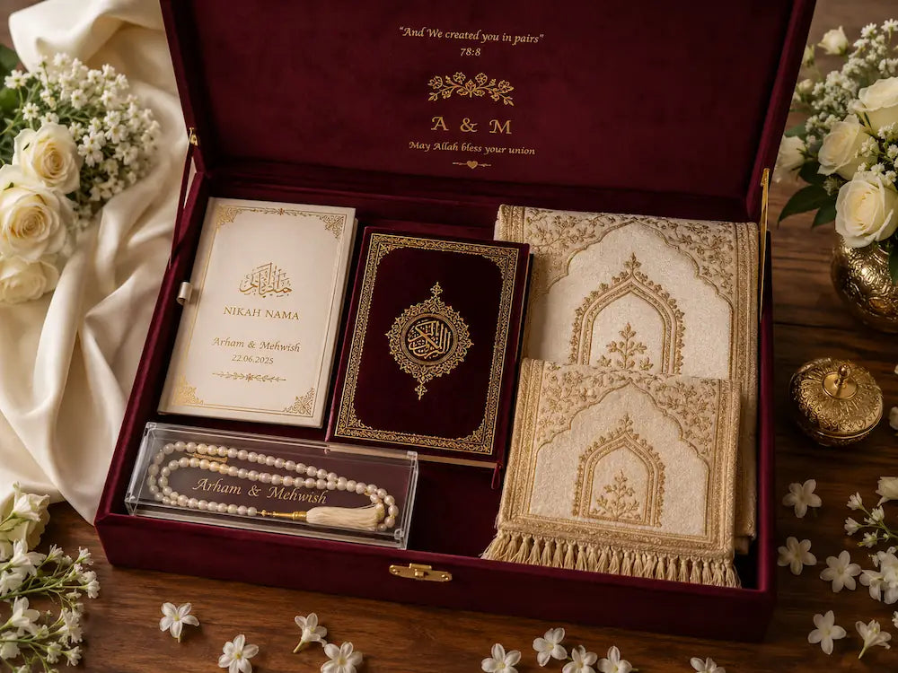 A luxurious personalized maroon velvet Nikah trousseau hamper set including a custom Holy Quran, matching Nikah Nama, premium embroidered cream prayer mats, and a pearl tasbeeh box.