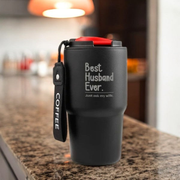 Luxury black travel mug withBest Husband Ever" engraving – perfect Ramadan gift.