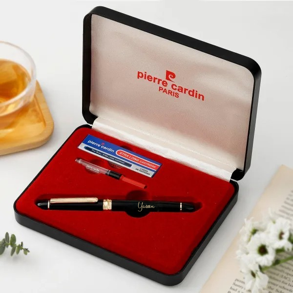 Elegant Pierre Cardin pen gift set with personalized engraving in box.
