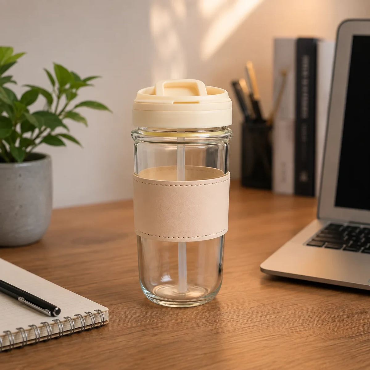 FlipSip Glass Mug with Dual Sipper Lid & Mobile Stand – 420 ml