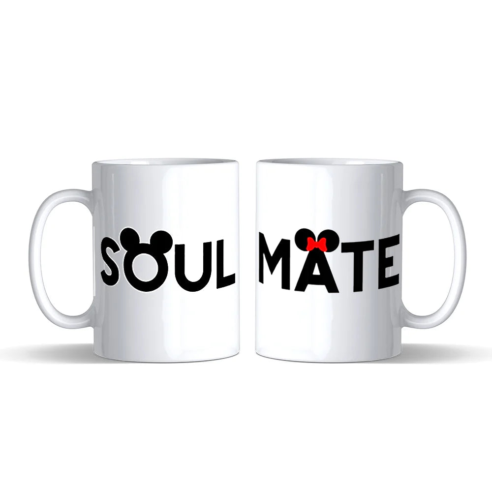 Soul Mate Couple Mug 350 ml - Customizable ceramic mugs featuring SOUL and MATE text with mouse ear accents. Great wedding or anniversary gift.