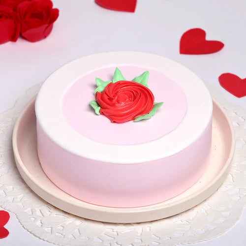 Vanilla Rose Cake - Elegant and Delicious | Rose Sponge with pink frosting and red rose design, ideal for anniversaries and same day delivery. Main image