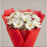 10 White Gerbera Flowers Bouquet — detail of the flowers and wrapping