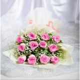 12 Pink Roses Bouquet — detail of the flowers and wrapping