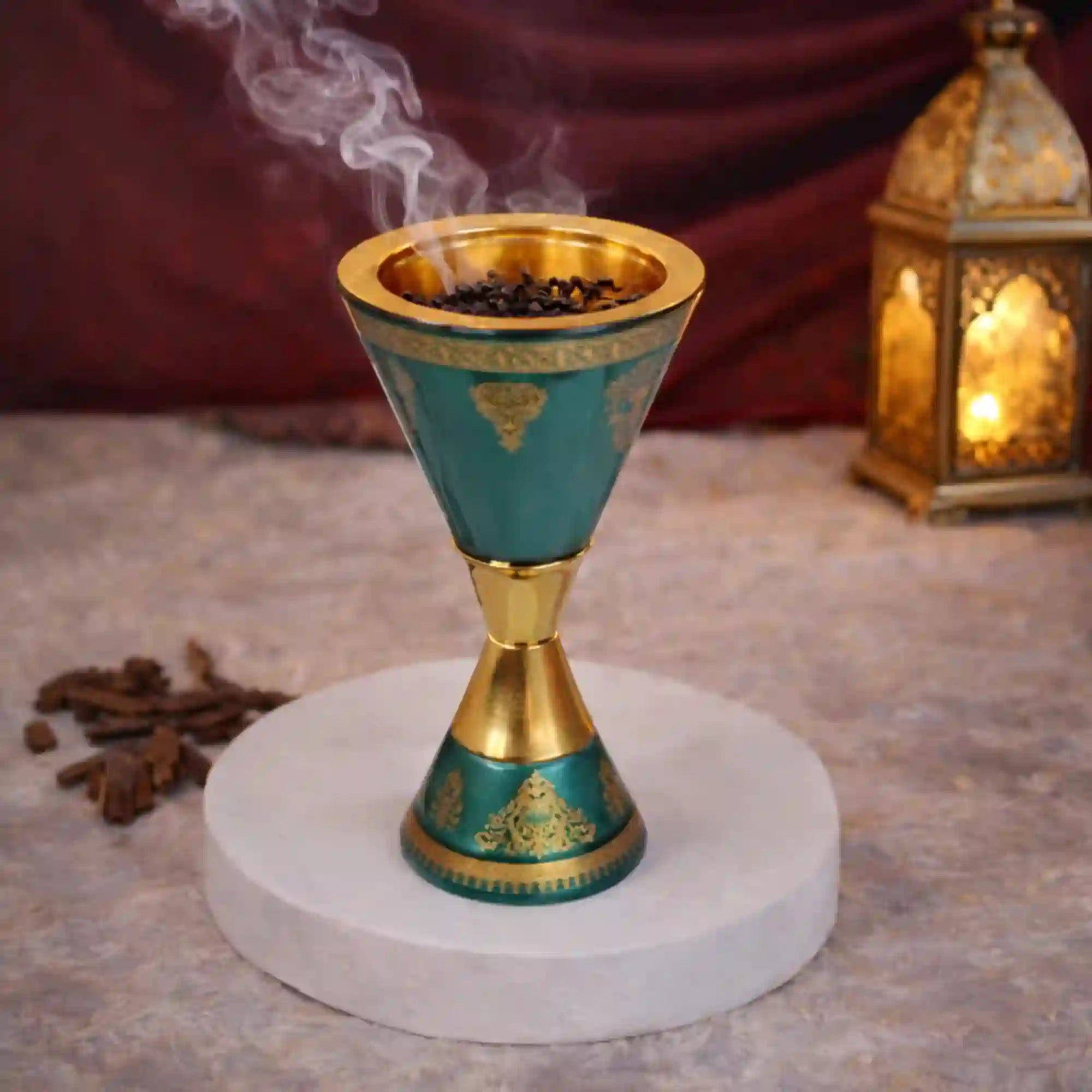 Persian Imperial Bakhoor Burner in green and gold ceramic, releasing aromatic smoke, ideal for Ramadan & EID home decor and gifting. Main image