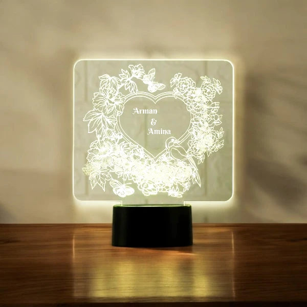 Boundless Love LED Lamp - Personalized Gift with floral heart design and custom names, ideal for romantic home decor or wedding gifts.