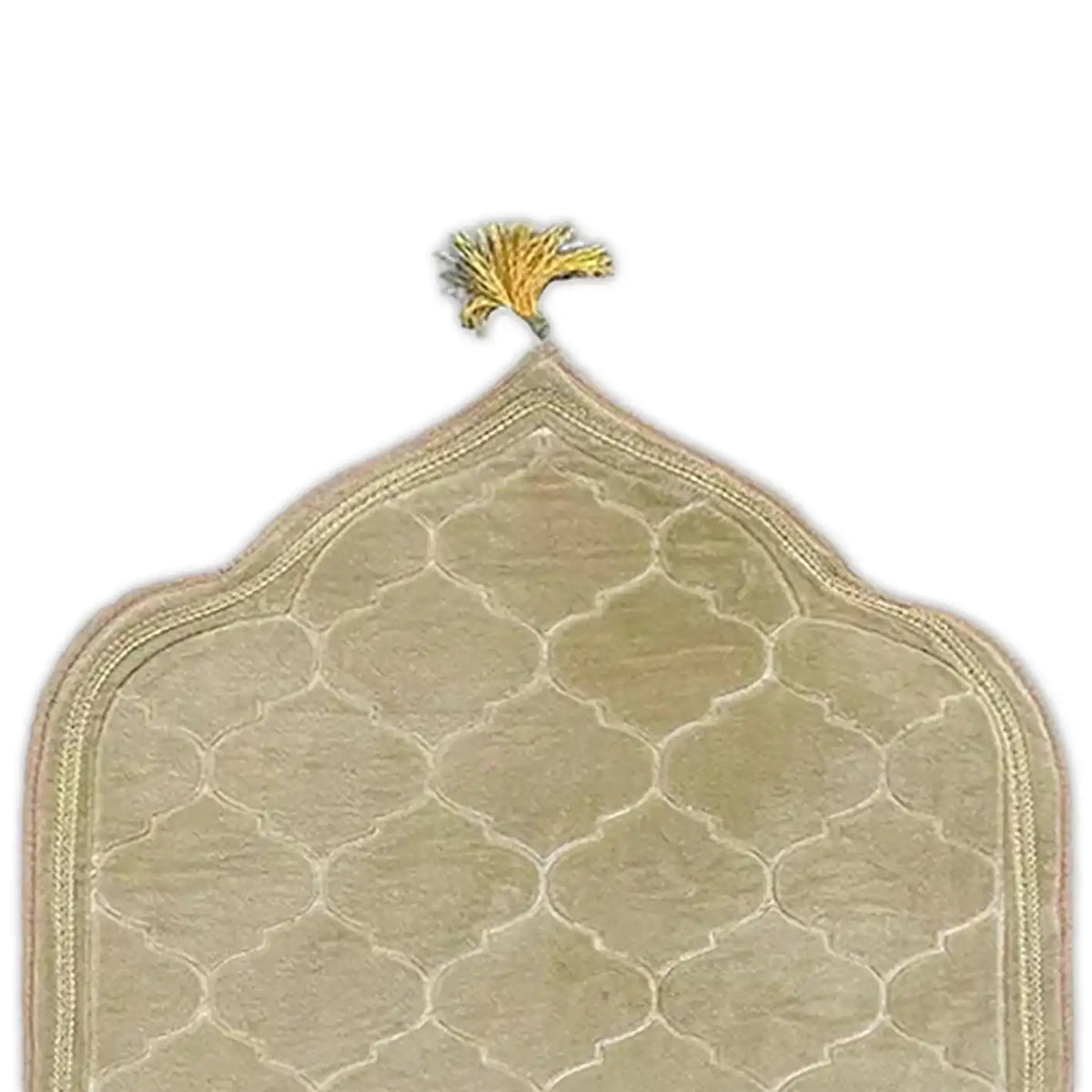 Close-up of Offwhite Dome Janamaz top section showing dome shape and golden tassel. Elegant design for Hajj, Umrah, or Eid gifting.