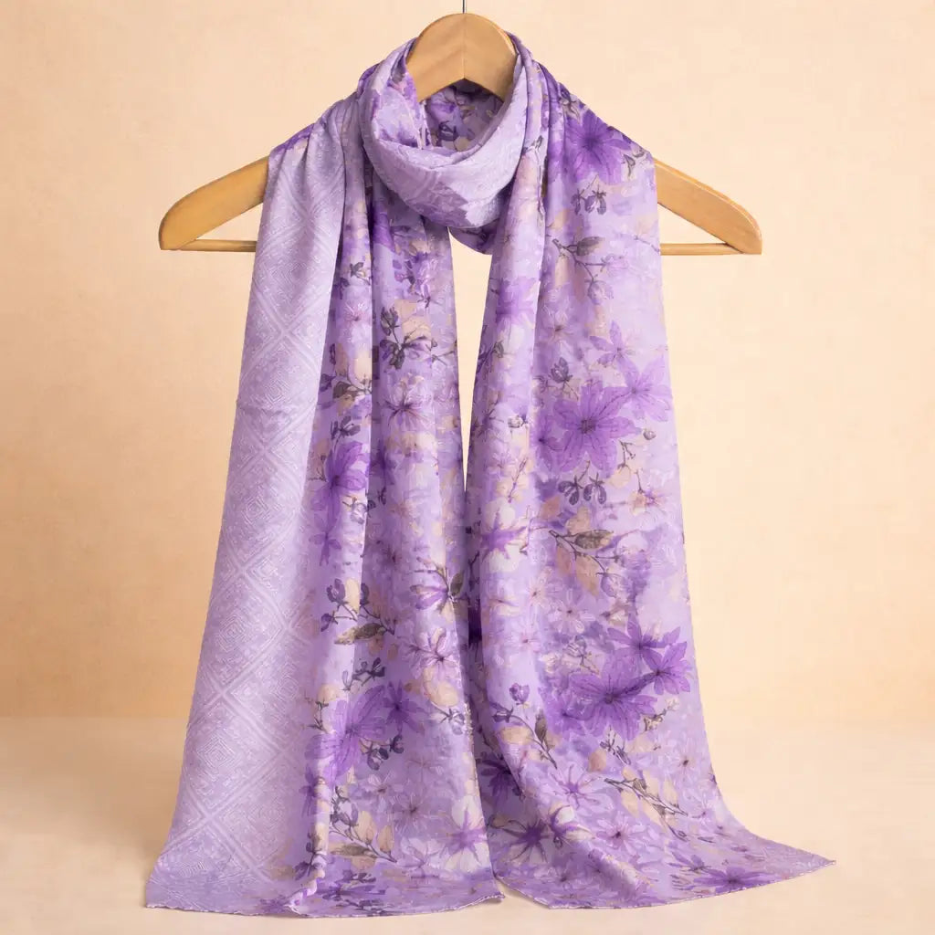 Purple Printed Hijab - Premium Chiffon Hijab displayed on hanger. Elegant floral pattern ideal for modest fashion and versatile styling.