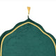 Close-up of the dome-shaped top of the Green Dome Janamaz with golden trim and tassel, highlighting its elegant Islamic design.