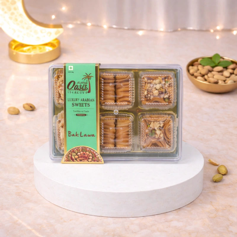 Box of assorted Baklava sweets with nuts and syrup