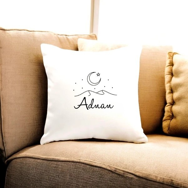 Custom Habibi Personalized Cushion featuring moon and mountain design with the name 'Adnan', perfect for home decor or personalized gifts.