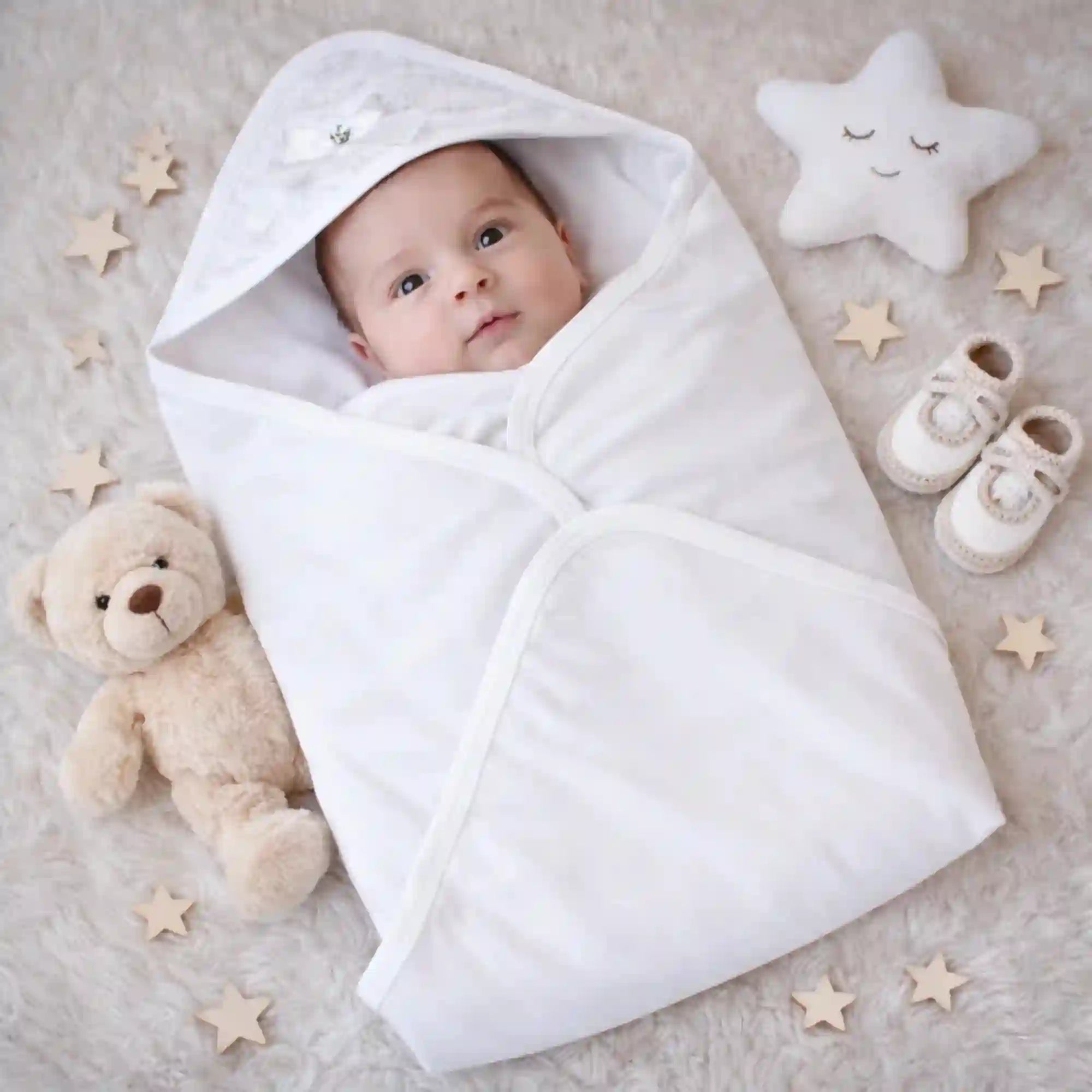 Personalized Newborn Baby Romper Set in soft white cotton, featuring a swaddled baby surrounded by plush toys and baby shoes. Ideal keepsake gift. Main image