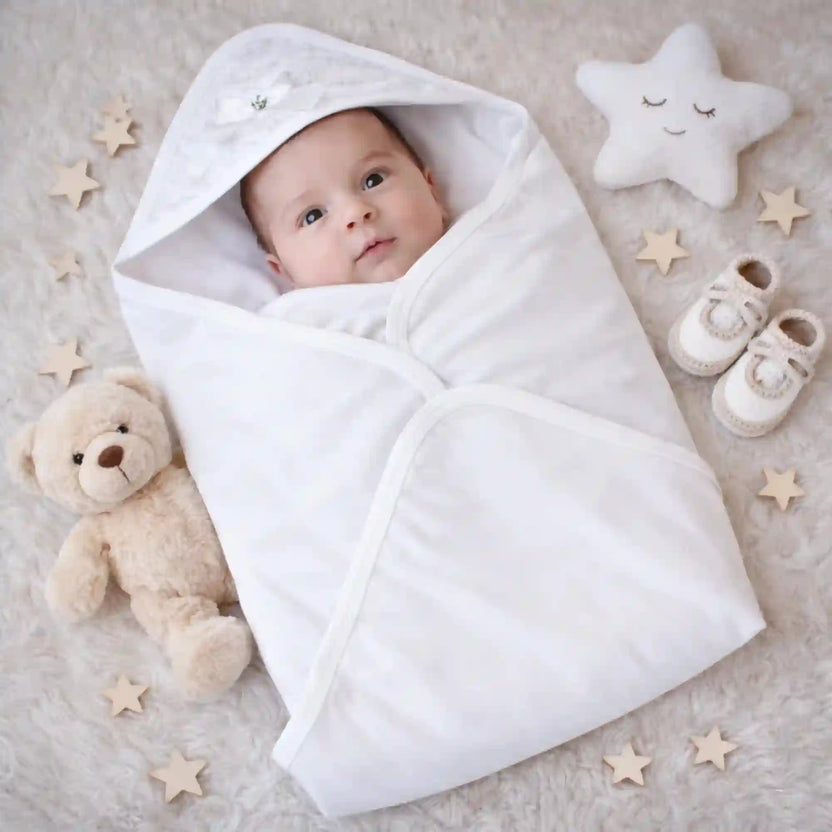 Personalized Newborn Baby Romper Set in soft white cotton, featuring a swaddled baby surrounded by plush toys and baby shoes. Ideal keepsake gift. Main image