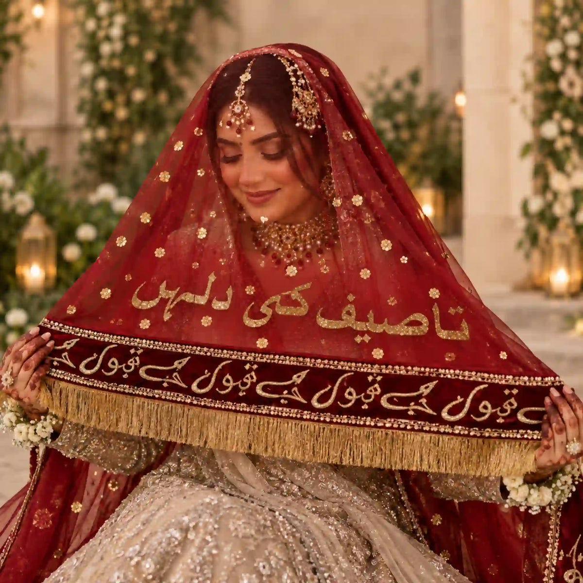 A woman in traditional bridal attire wearing a deep red embroidered veil with gold lettering and fringe, over a heavily embellished light-colored gown. She is posed indoors with warm lighting and floral decor in the background.