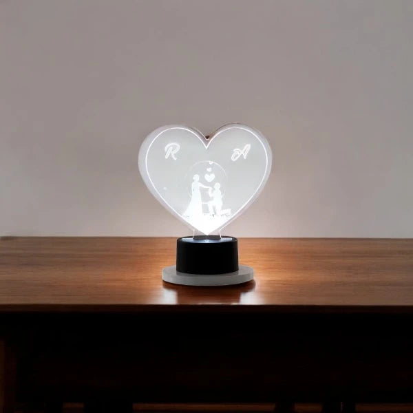 Romantic Timeless Love Personalized LED Lamp glowing on a wooden table, perfect home decor gift for couples with custom initials.