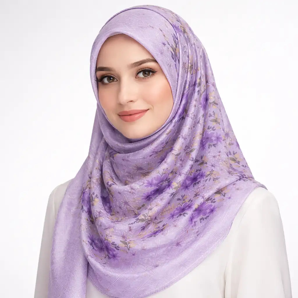 Purple Printed Hijab in premium chiffon, styled on a model for modest fashion. Lightweight and breathable with floral design for everyday wear.