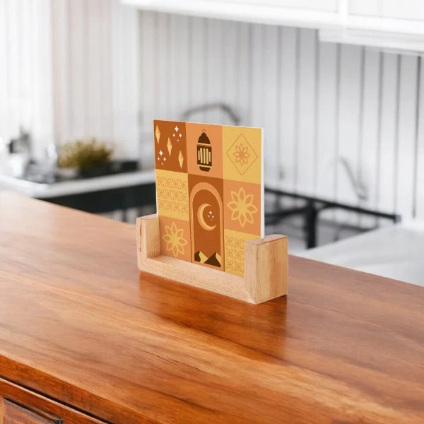 Moon and Duas Frame - Personalized Acrylic | Wooden Base Decor featuring Islamic motifs in warm tones, ideal for Ramadan or Eid home decoration.