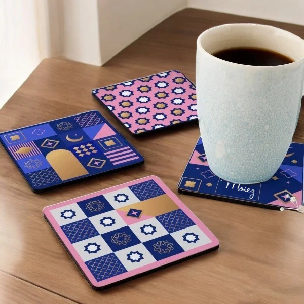 Personalised Vibrant Coasters - Set Of 4 featuring colorful designs and custom name detail, perfect for drinkware and housewarming gifts.