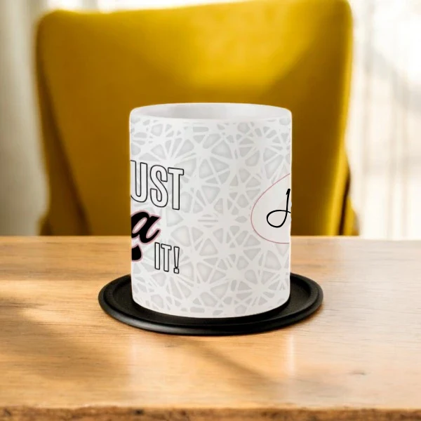 Side view of Dua Mug (350ML) showing partial 'Just Dua It!' and name personalization, ideal for Ramadan gifts and daily spiritual reminders.