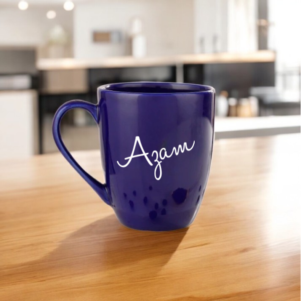 350 ml Personalized Ceramic Mug - Gift in blue featuring the name 'Azam' in elegant white font. Great for birthdays or personalized kitchenware.