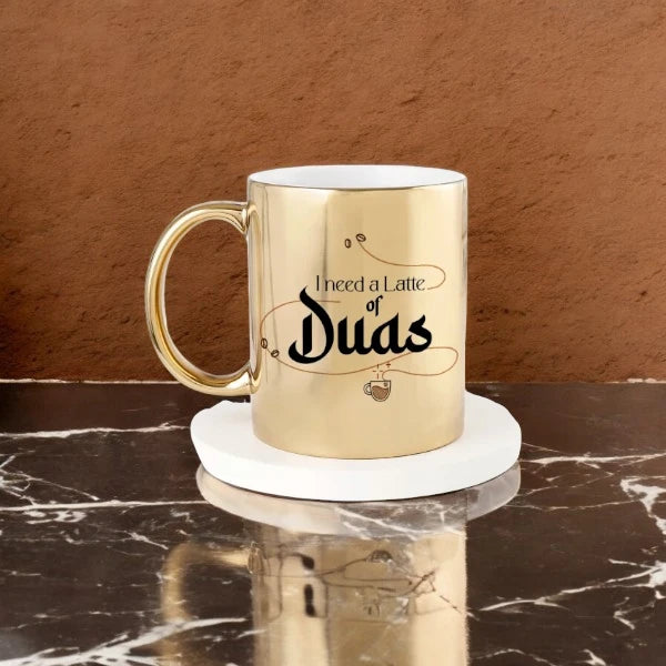 Personalized Gold Mug Latte Duas with metallic finish and 'I need a Latte of Duas' text, 350ml handmade drinkware for gifting and Ramadan use. Main image
