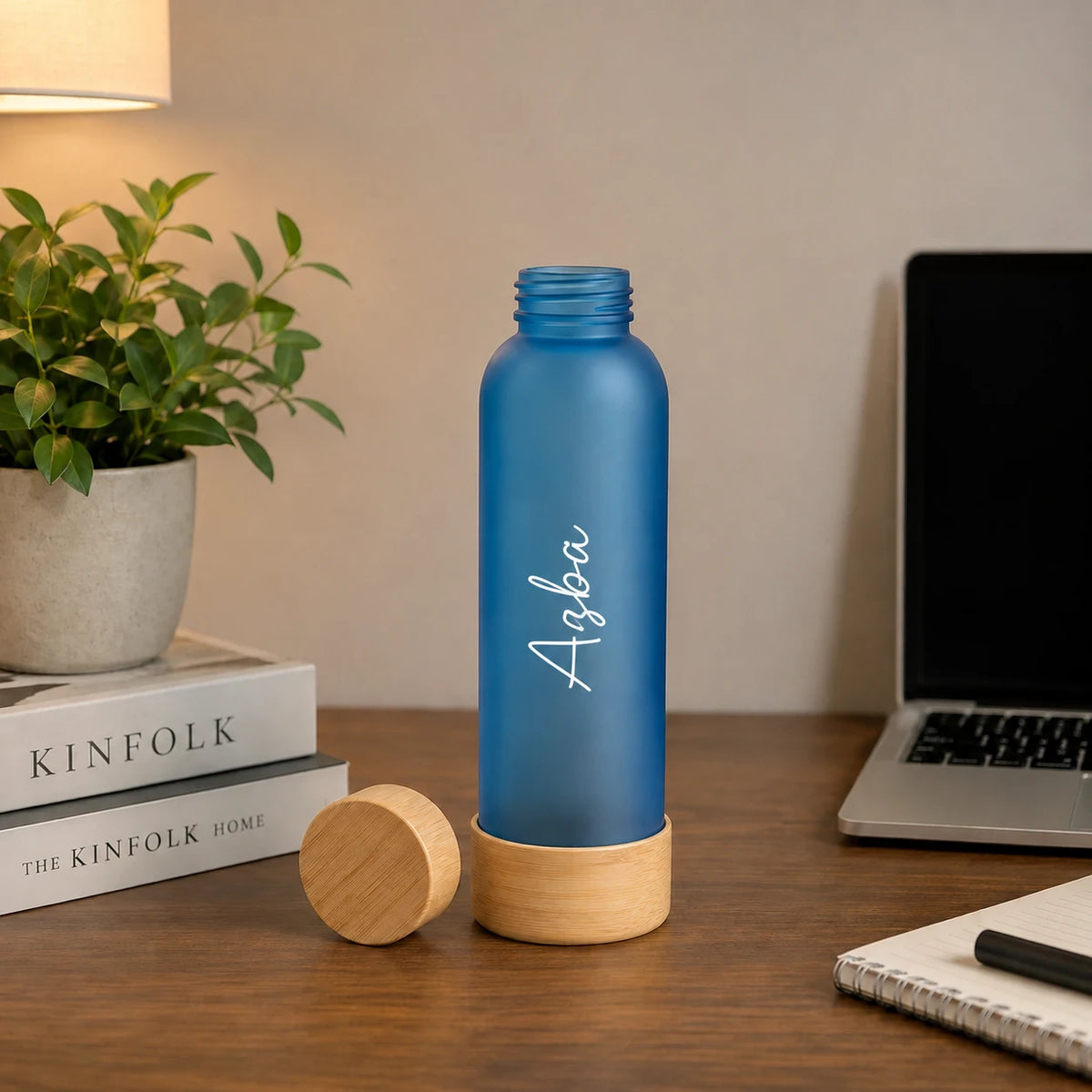 EcoFrost Frosted Glass Bottle with Bamboo Cap & Base – 500 ml