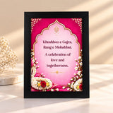 Pink and gold wedding frame with gajra flowers and romantic wedding quote